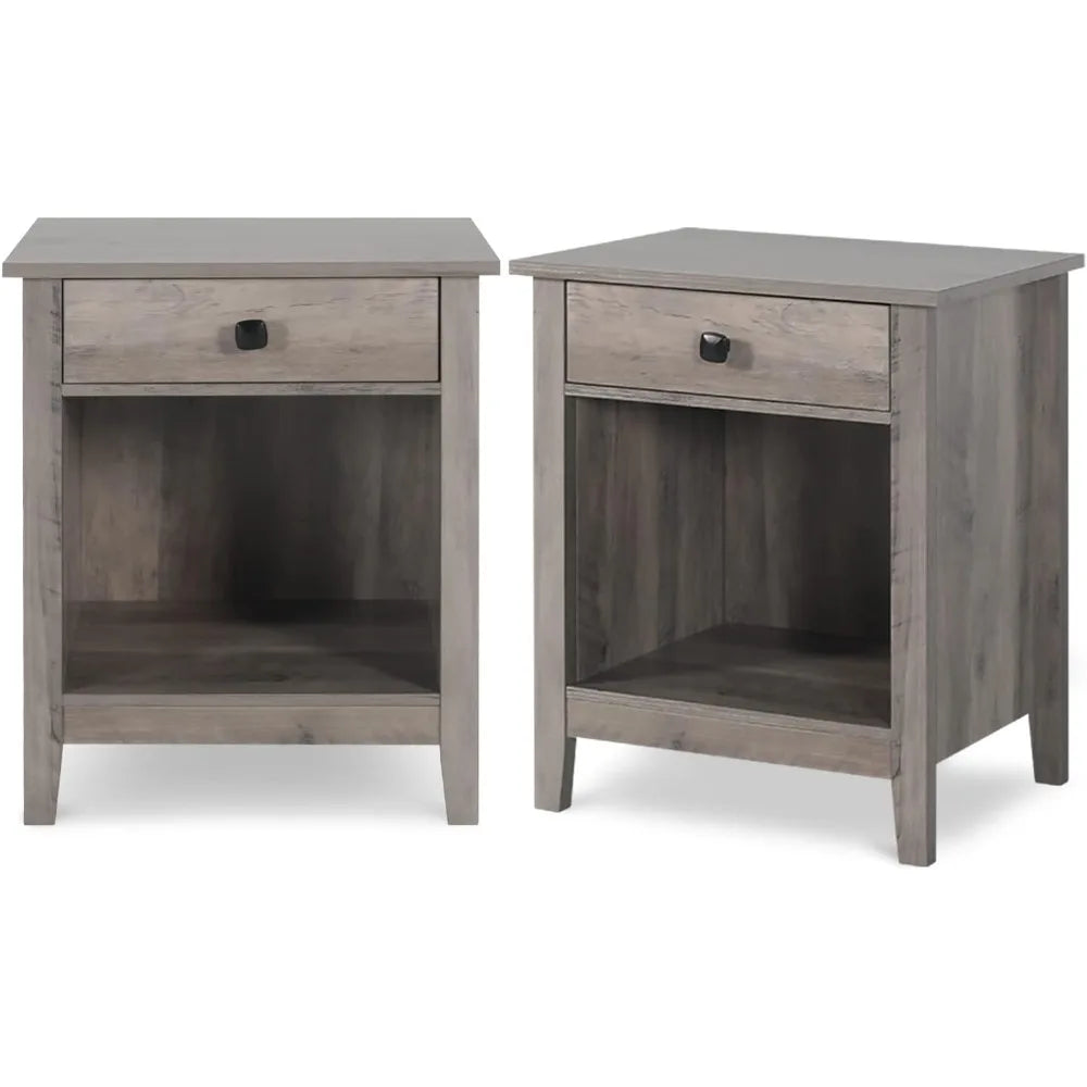 Nightstands - Set of 2 Wooden Night Stands, Bedside Tables, with Drawers, Farmhouse Style Bedroom Furniture (Grey Wood Grain, 1
