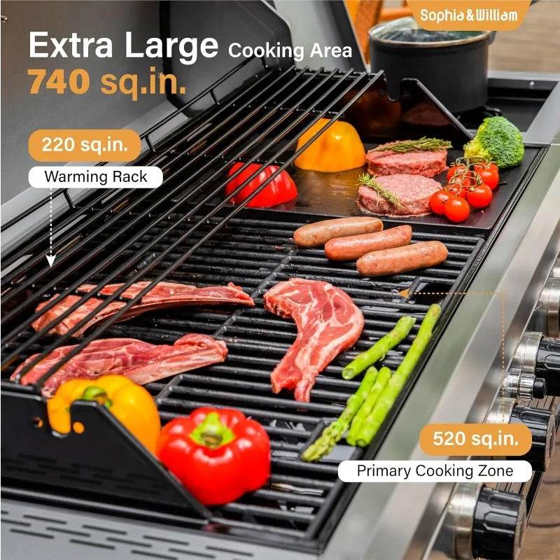 6-Burner Propane BBQ Grill, Porcelain Cast Iron Grates & Side Burner, Black - Loft&Timber