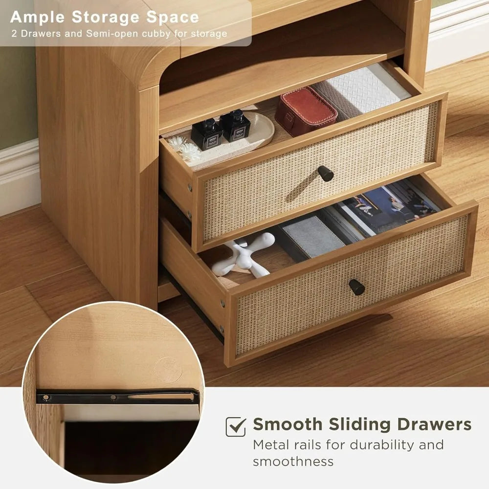 rattan nightstand set of 2, 23.6'' rattan end table with ample storage, boho nightstand with charging station, thick