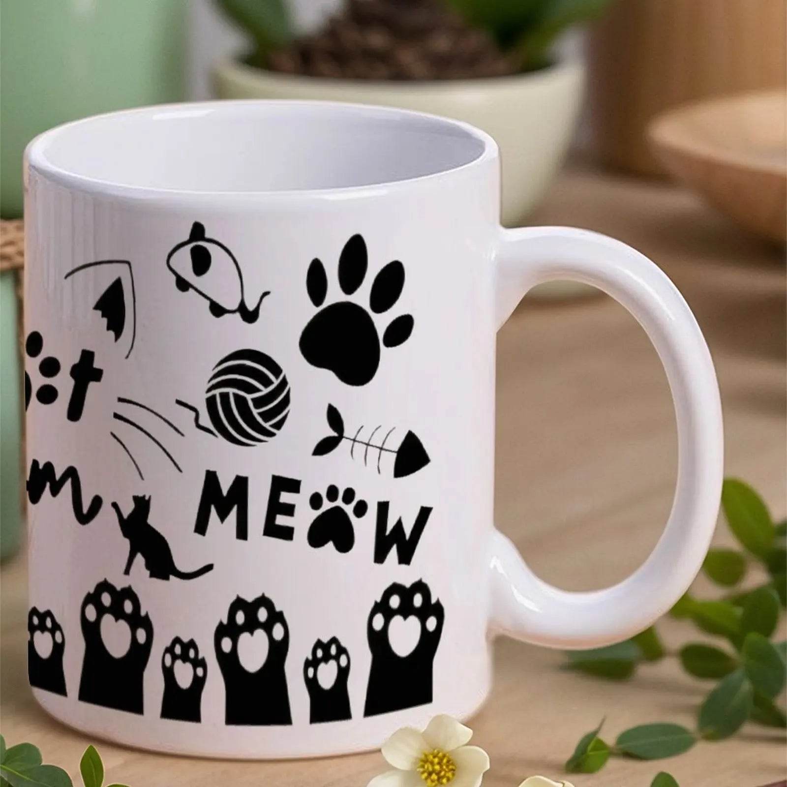 Silhouette Of A Cat's Paw Prints With The Words Meow Cat Mom Meow White Ceramic Sublimation Cups, 11oz Mugs - Loft&Timber