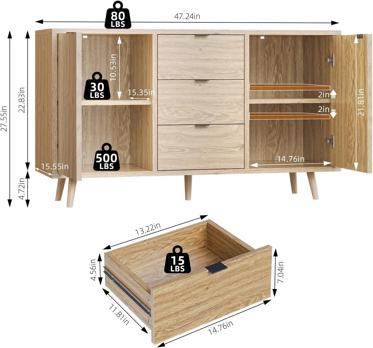 47" Storage Cabinet with 3 Drawers and 2 Doors - Loft&Timber
