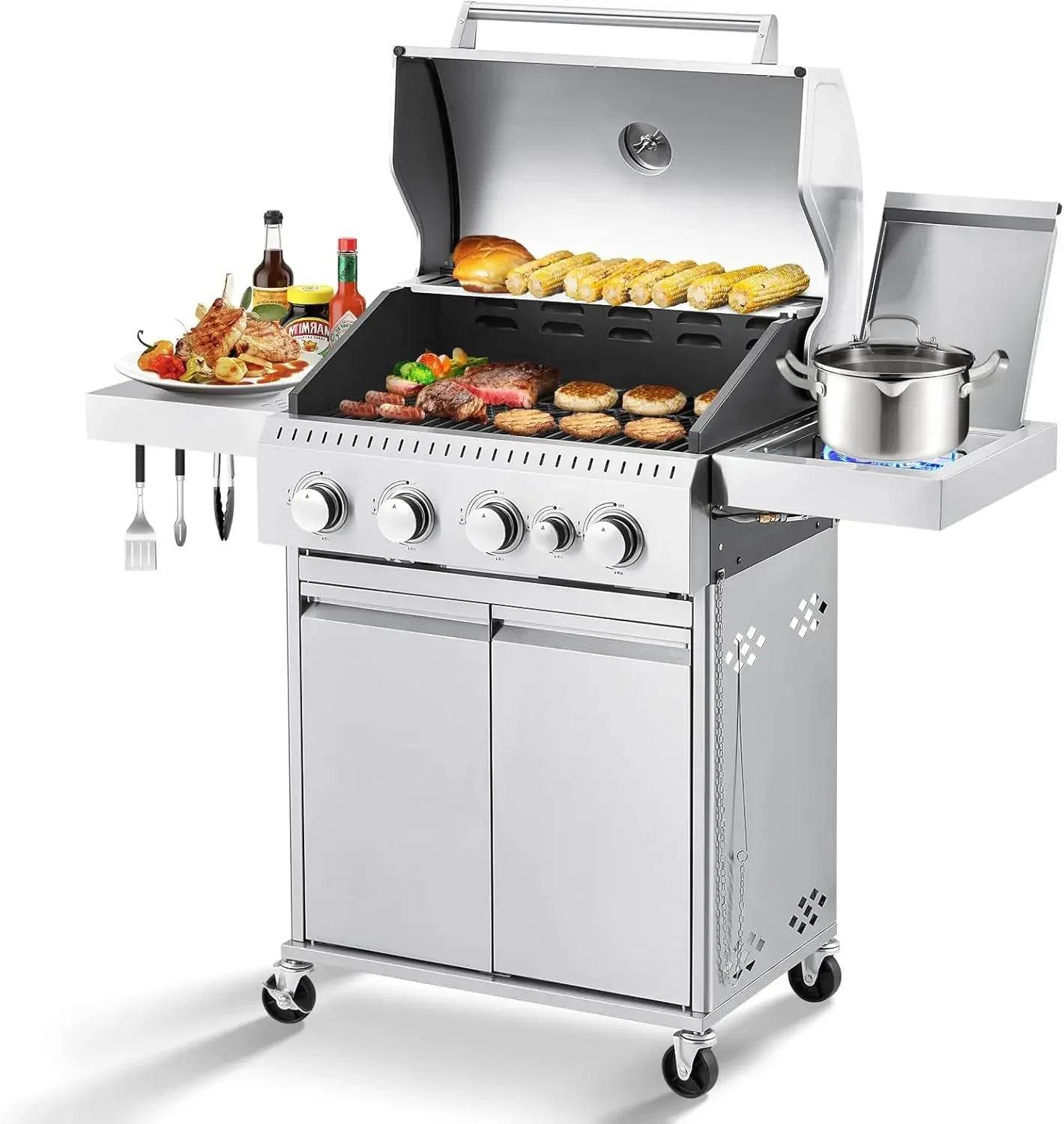 Stainless Steel 4 Burner BBQ Propane Gas Grill with Cast Iron Grates & Side Stove, Stainless Steel 44000 BTU Burner - Loft&Timber