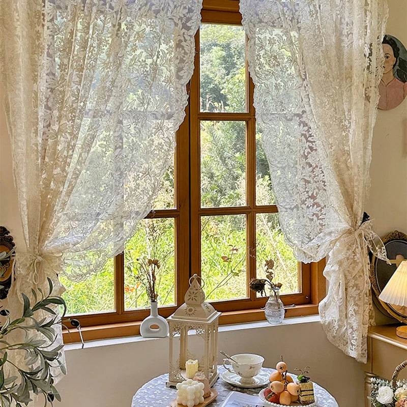 2PC French Vintage Embroidery Lace Beige Sheer Curtains - Loft&Timber