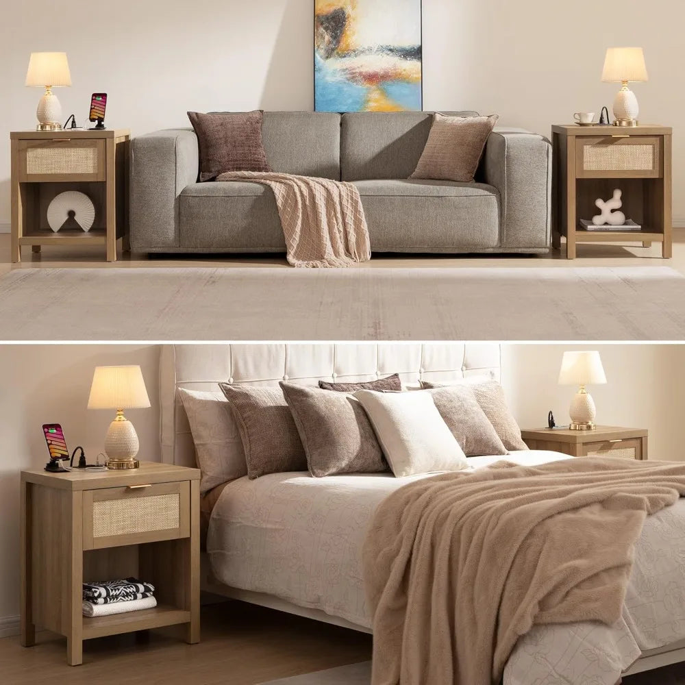 Rattan Nightstands Set of 2 - Farmhouse Night Stand with Drawer and Storage Shelf - Boho Bedside Table End Side Table