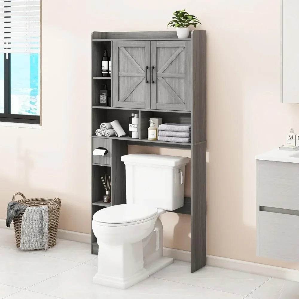 Farmhouse Style Over-the-Toilet Storage Cabinet with Dual Barn Doors, Toilet Paper Holder, and Space-Saving Design for Bathroom - Loft&Timber