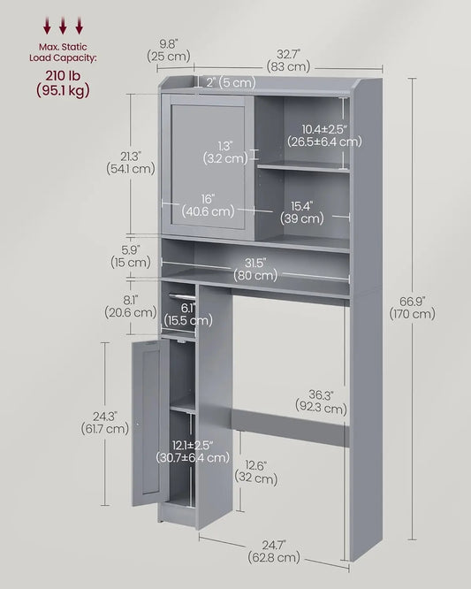 Over The Toilet Storage Shelf, Bathroom Storage Cabinet with Sliding Door, Adjustable Shelves, Toilet Paper Holder, Space-Saving