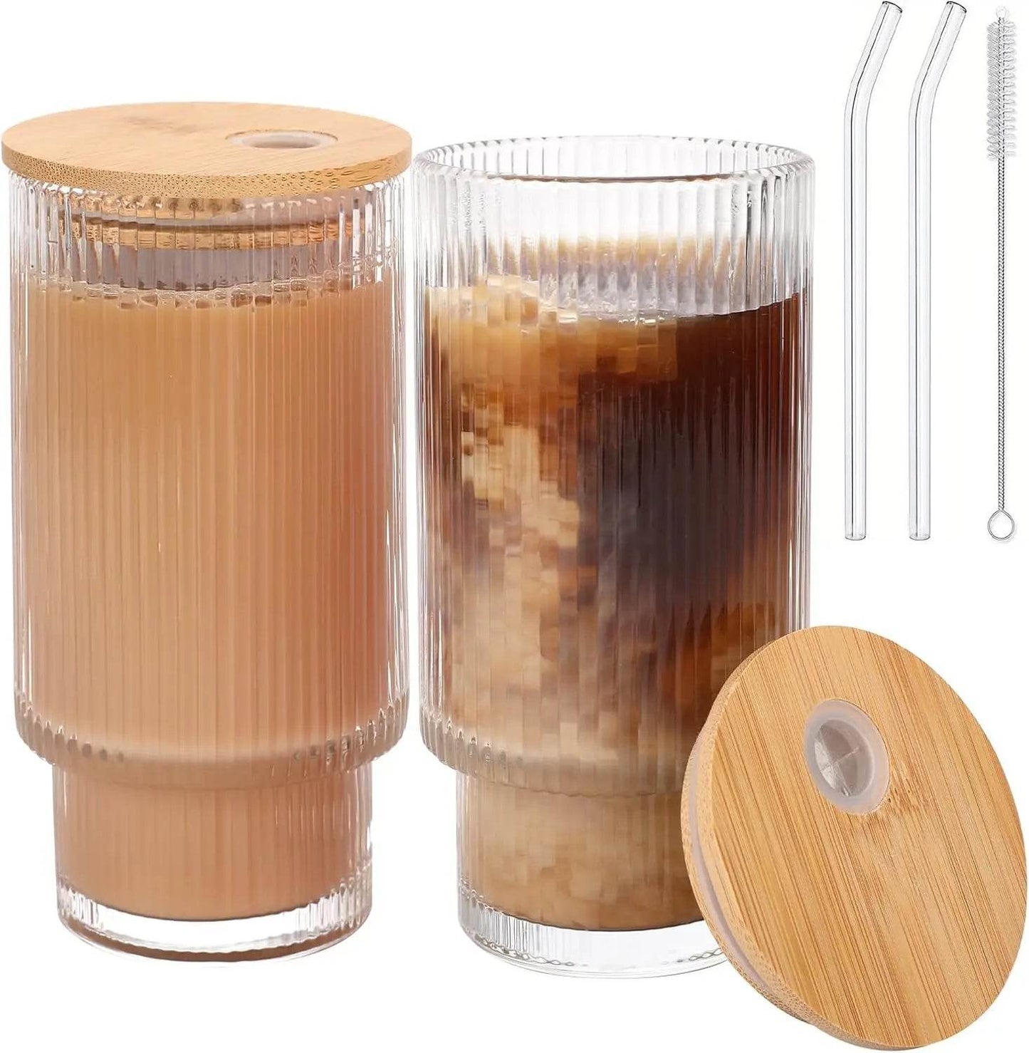 Glass Cups with Bamboo Lids and Straws - 16 oz Iced Coffee Cups - Loft&Timber