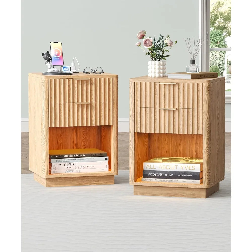 Fluted Nightstands Set of 2 with Charging Station, 15.7" Wide 2 Storage Drawers End Table with LED Light, Curved Profile