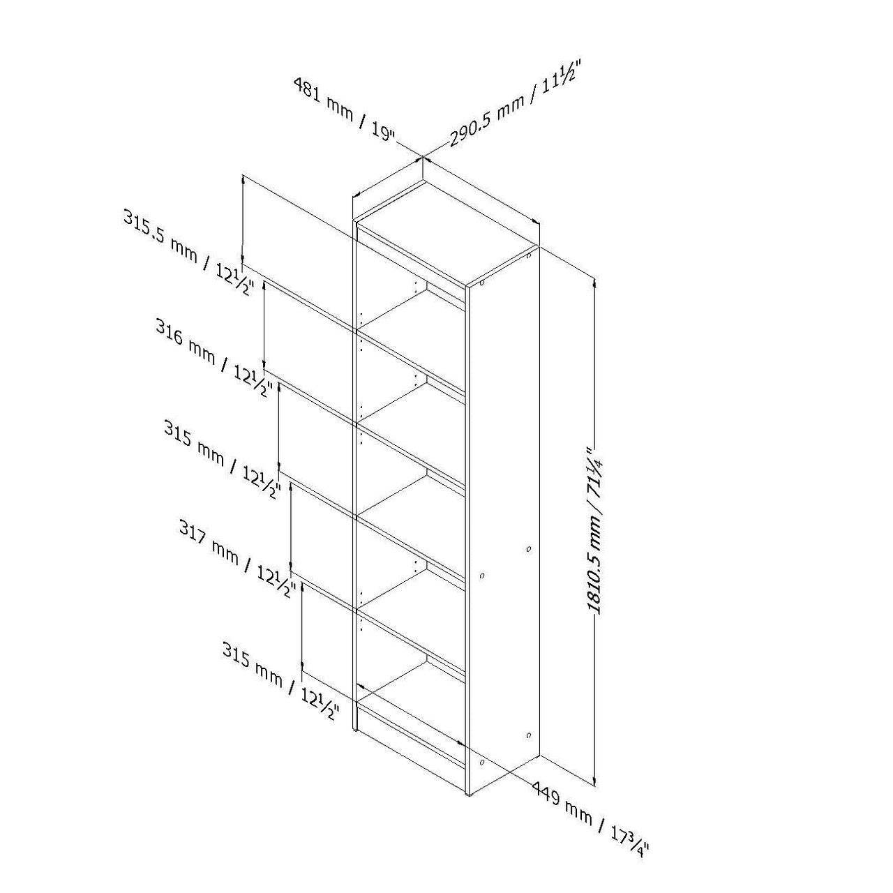 5-Shelf Narrow Bookcase Black Finish - Loft&Timber