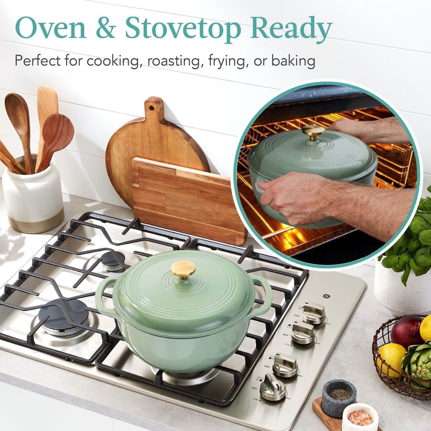 6 Quart Large Sage Green Enamel Cast-Iron Dutch Oven Kitchen Cookware - Loft&Timber