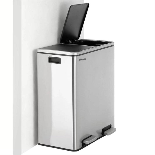 Dual Stainless Steel 16-Gallon Trash Can Recycle Bin with 2 Step on Pedal Lids - Loft&Timber
