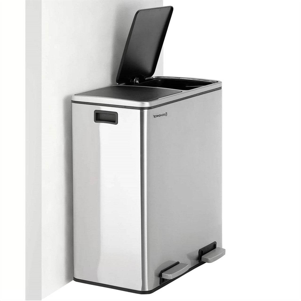 Dual Stainless Steel 16-Gallon Trash Can Recycle Bin with 2 Step on Pedal Lids - Loft&Timber