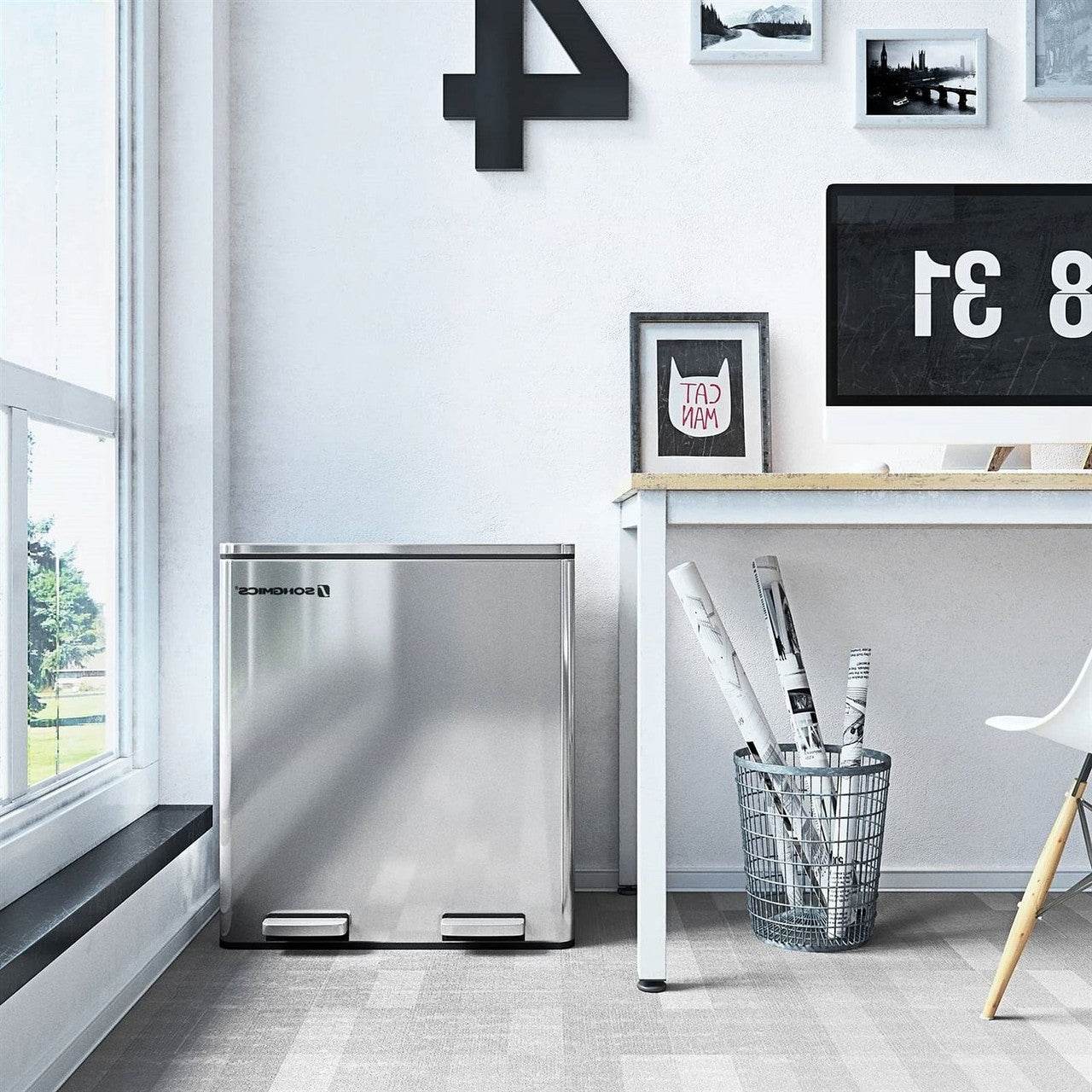 Dual Stainless Steel 16-Gallon Trash Can Recycle Bin with 2 Step on Pedal Lids - Loft&Timber