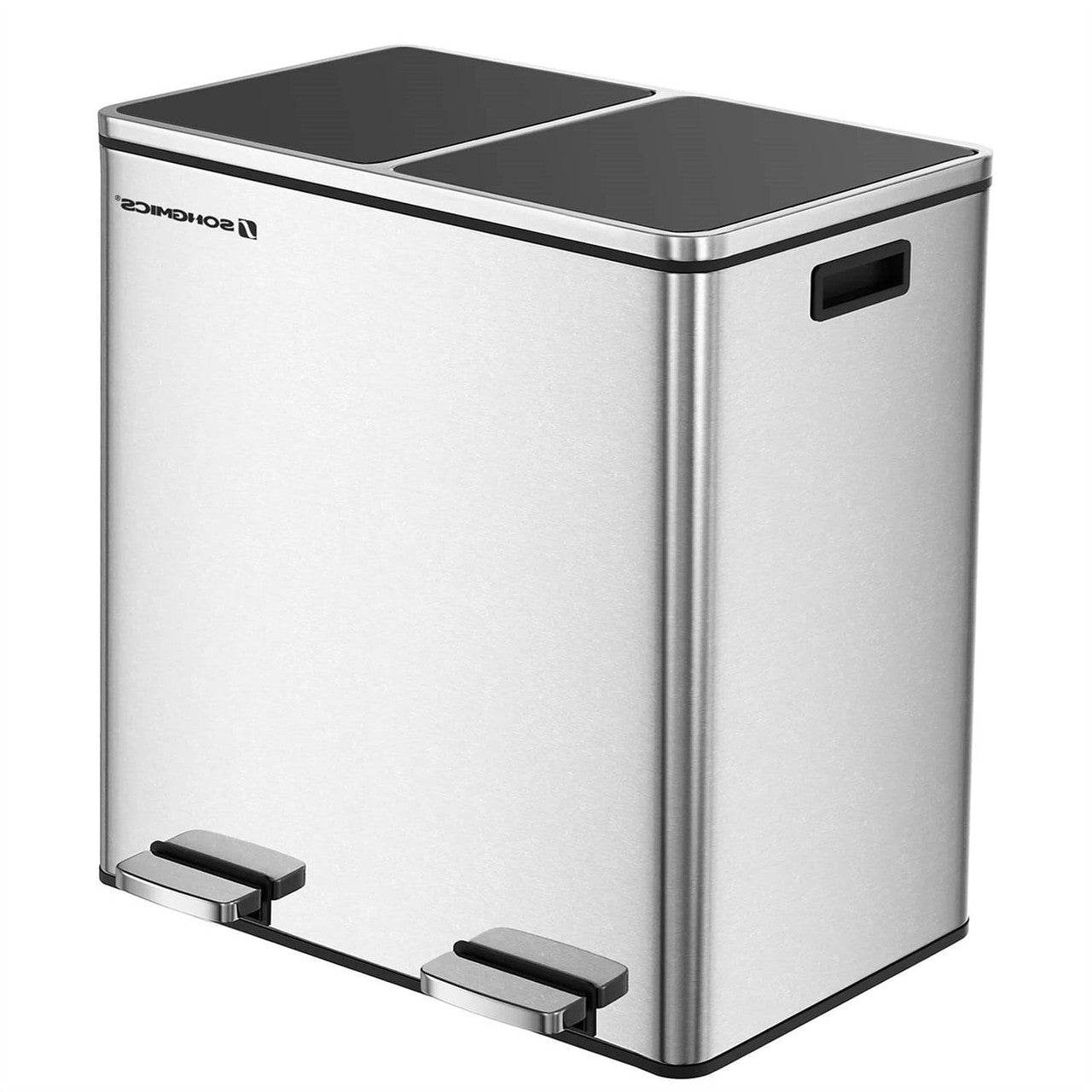 Dual Stainless Steel 16-Gallon Trash Can Recycle Bin with 2 Step on Pedal Lids - Loft&Timber