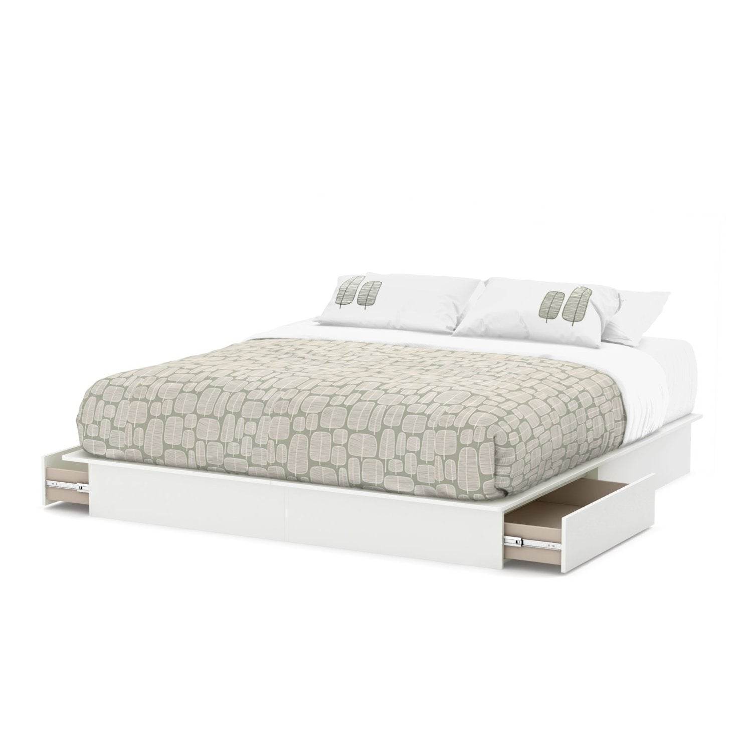 King size Modern Platform Bed with Storage Drawers in White Finish - Loft&Timber
