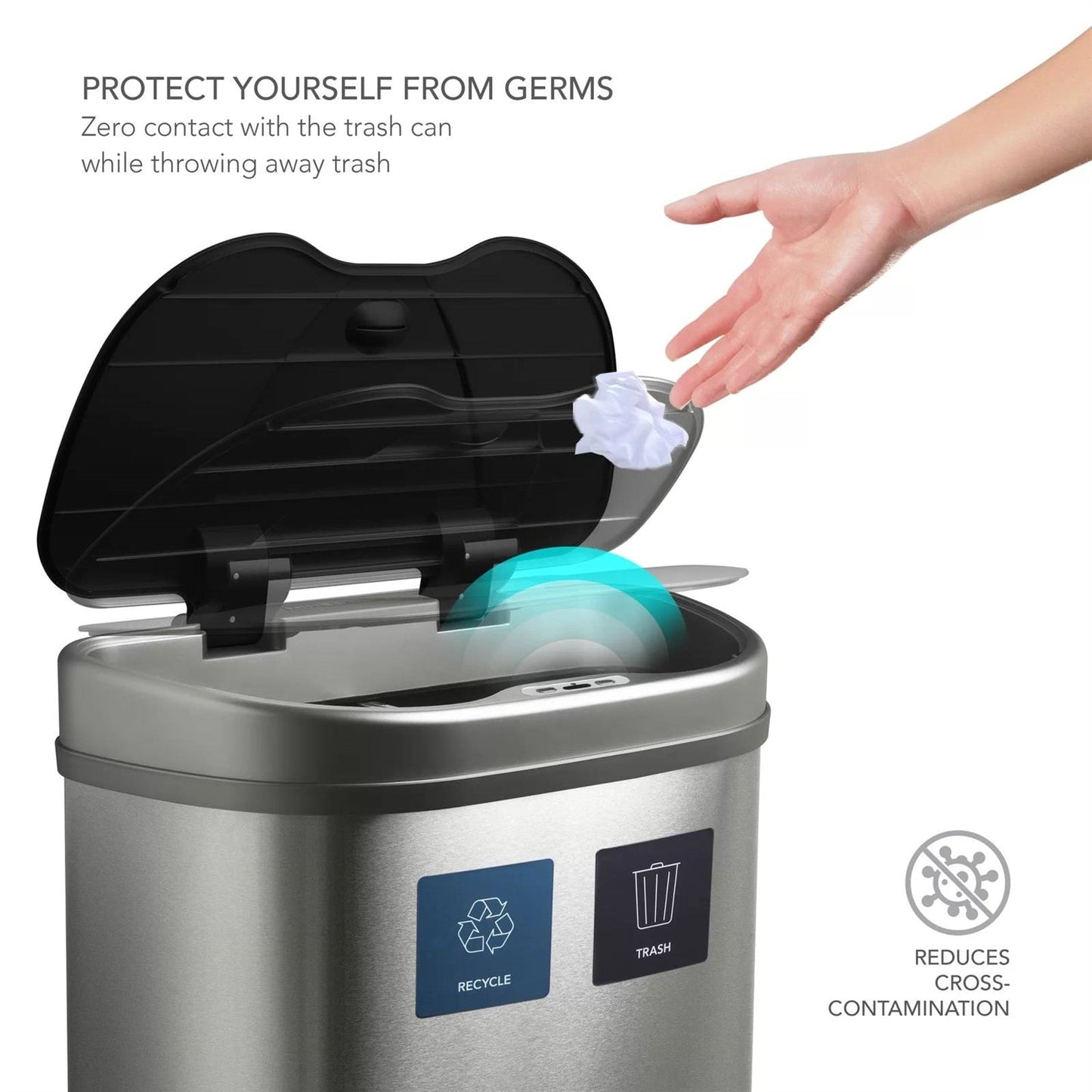 Dual Stainless Steel 18-Gallon Trash Can Recycle Bin with Motion Sensor Lid-4