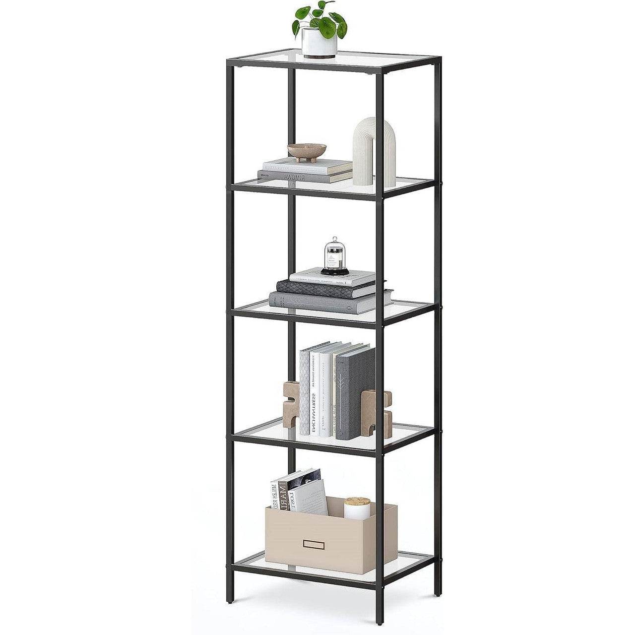 Black Metal Frame Glass Shelf Bookcase 4-Shelves Shelving Unit - Loft&Timber