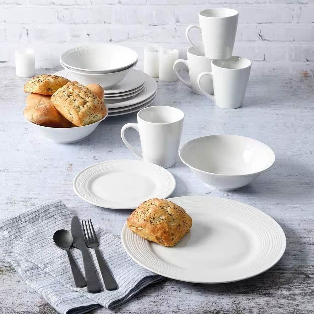 16-Piece White Ceramic Dinnerware Set w/ Bowls Plates and Mugs - Service for 4 - Loft&Timber