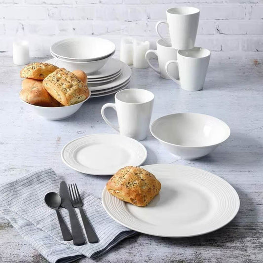 16-Piece White Ceramic Dinnerware Set w/ Bowls Plates and Mugs - Service for 4 - Loft&Timber