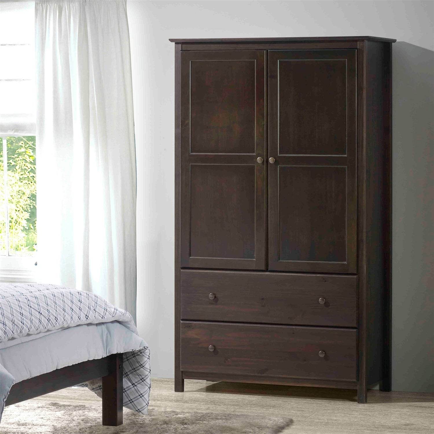 Brown Espresso Solid Wood Bedroom Armoire Wardrobe Cabinet with Hanging Bar - Loft&Timber