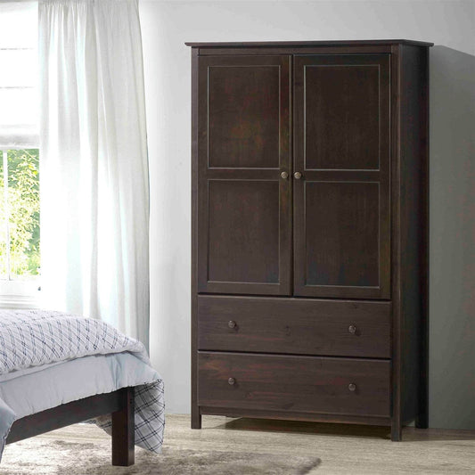 Brown Espresso Solid Wood Bedroom Armoire Wardrobe Cabinet with Hanging Bar - Loft&Timber