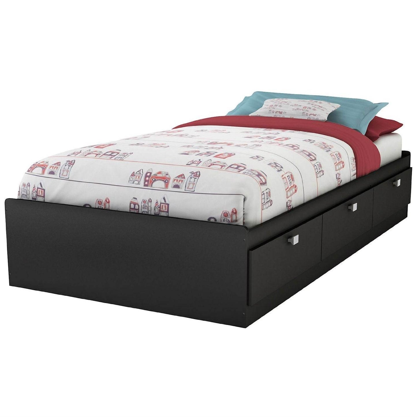 Twin size Platform Bed with 3 Storage Drawers in Black Finish - Loft&Timber