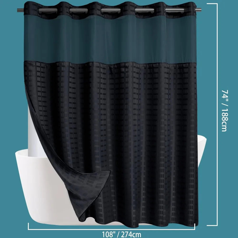 extra wide no hook shower curtain with snap in liner set, 108" x 74" hotel luxury black shower curtains