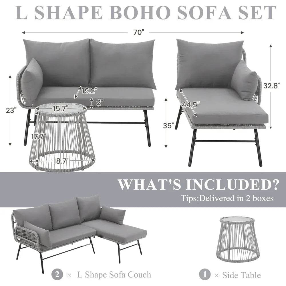 3-Piece Outdoor Patio Furniture Set, L-Shaped Rattan Sectional Sofa with Thick Cushions - Loft&Timber