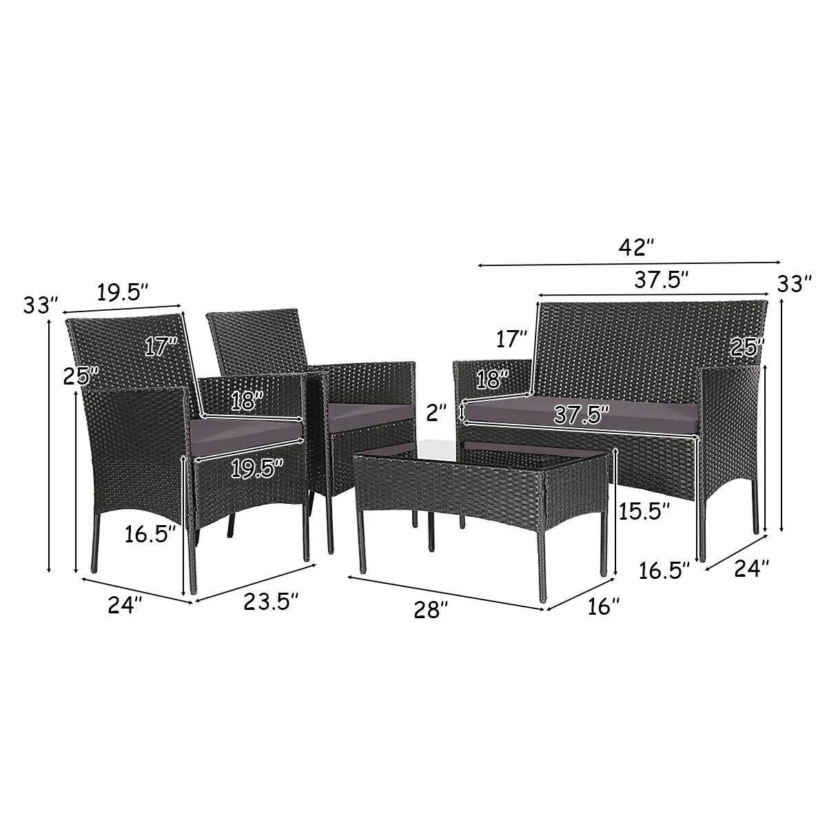 4PCS Patio Rattan Furniture Set Cushioned Sofa Coffee Table Backyard Grey - Loft&Timber