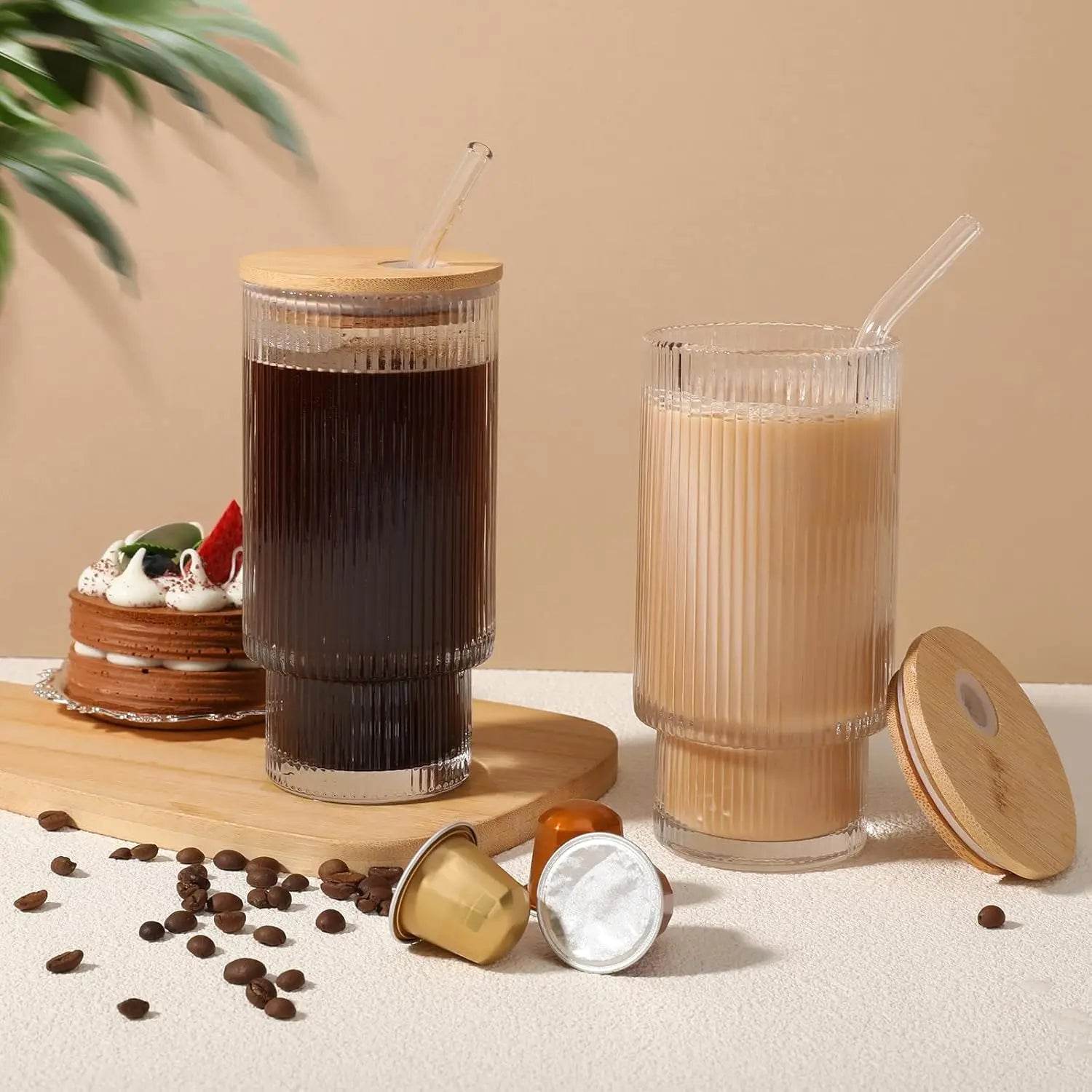 Glass Cups with Bamboo Lids and Straws - 16 oz Iced Coffee Cups - Loft&Timber