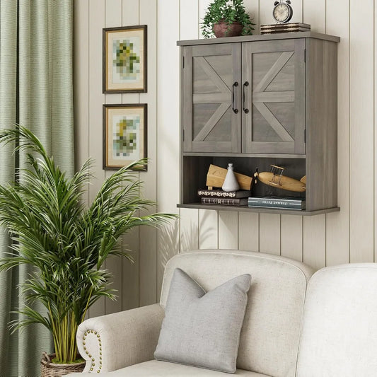 Farmhouse Style Wall-Mounted Bathroom Cabinet with Adjustable Shelves and Barn Door Design