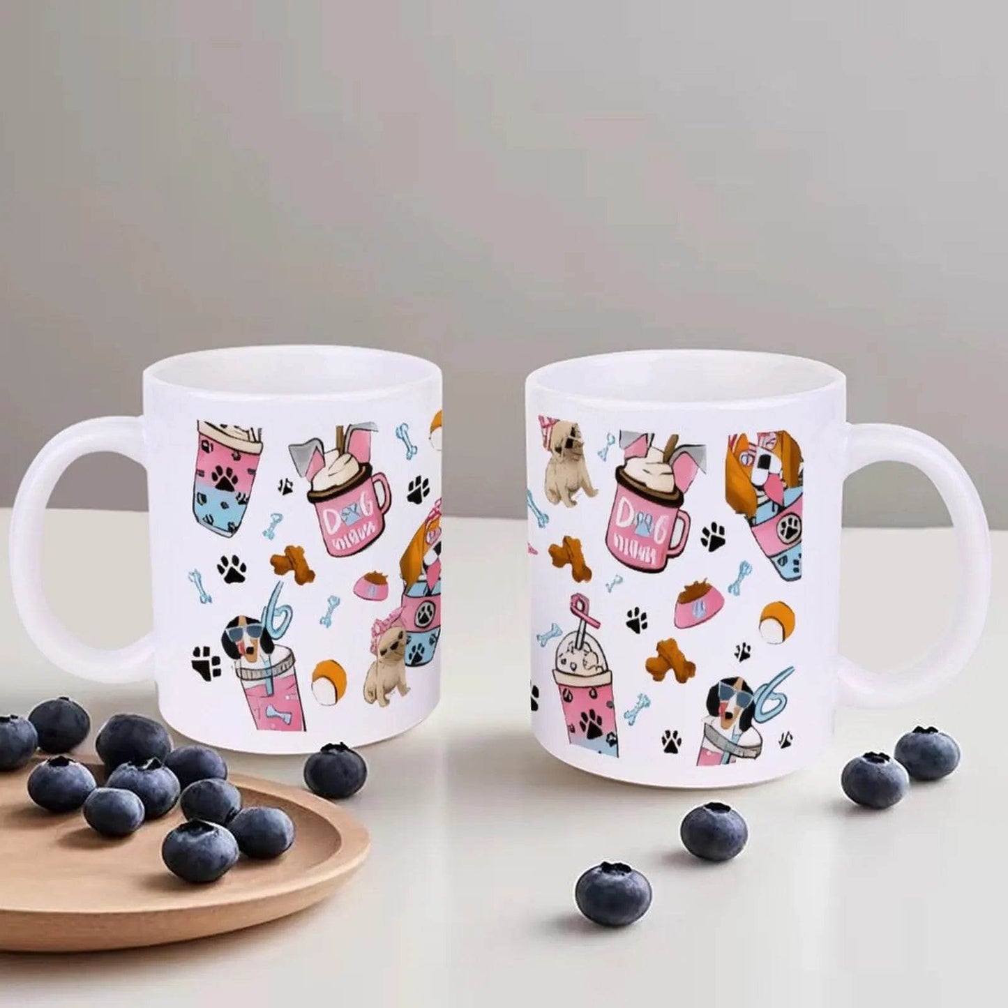A Group of Cartoon Dogs with Drinks And Paw Prints.1 Water Bottles, 330ml Coffee Cup - Loft&Timber