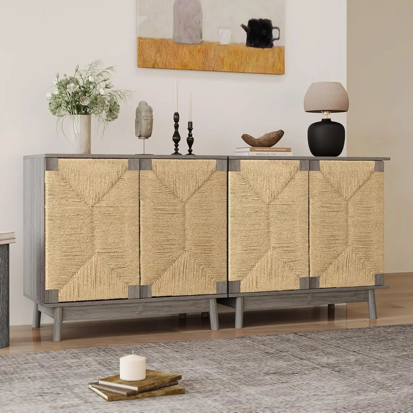 63" Wide Set of 2 Sideboard Cabinet with Natural Rattan Decorated Doors - Loft&Timber