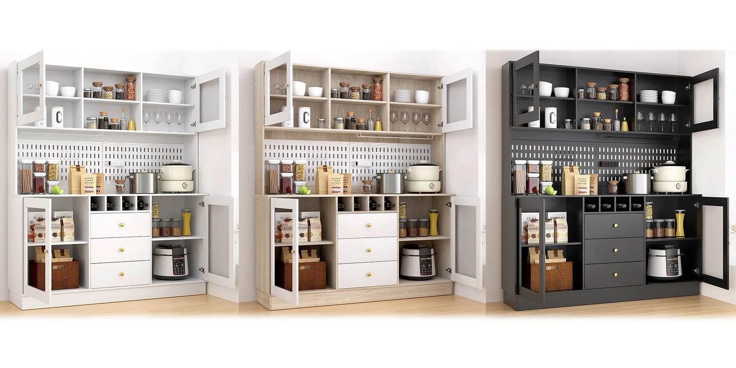 Pantry Cabinet, Kitchen Storage Cabinet, Freestanding Buffet Hutch with Pegboard, Cup Holder, Power Outlet, Black - Loft&Timber