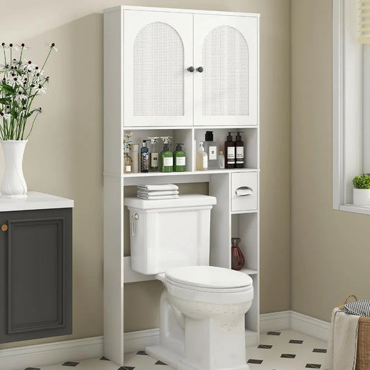 Over-the-Toilet Rattan Storage Cabinet with Double Doors and Toilet Paper Stand, Freestanding