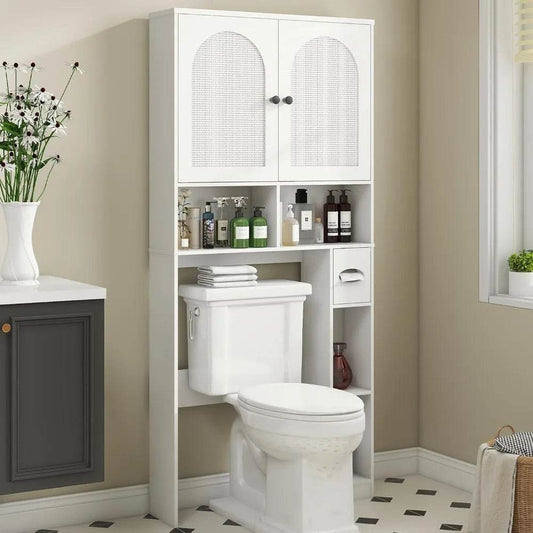 Over-the-Toilet Rattan Storage Cabinet with Double Doors and Toilet Paper Stand, Freestanding - Loft&Timber