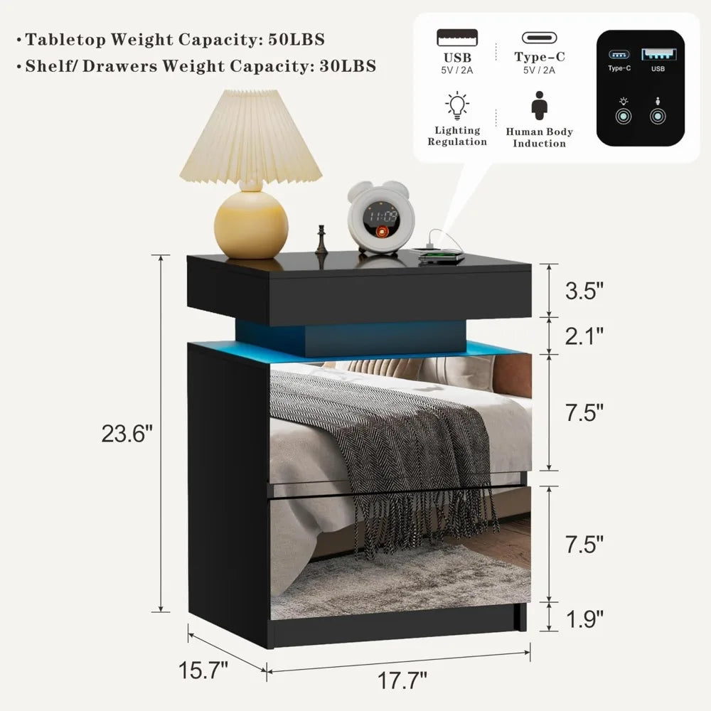 LED Nightstand Set of 2 - Bedside Table with Charging Station and 2 Mirrored Drawers Sliding Top with Magnetic Lock - Modern