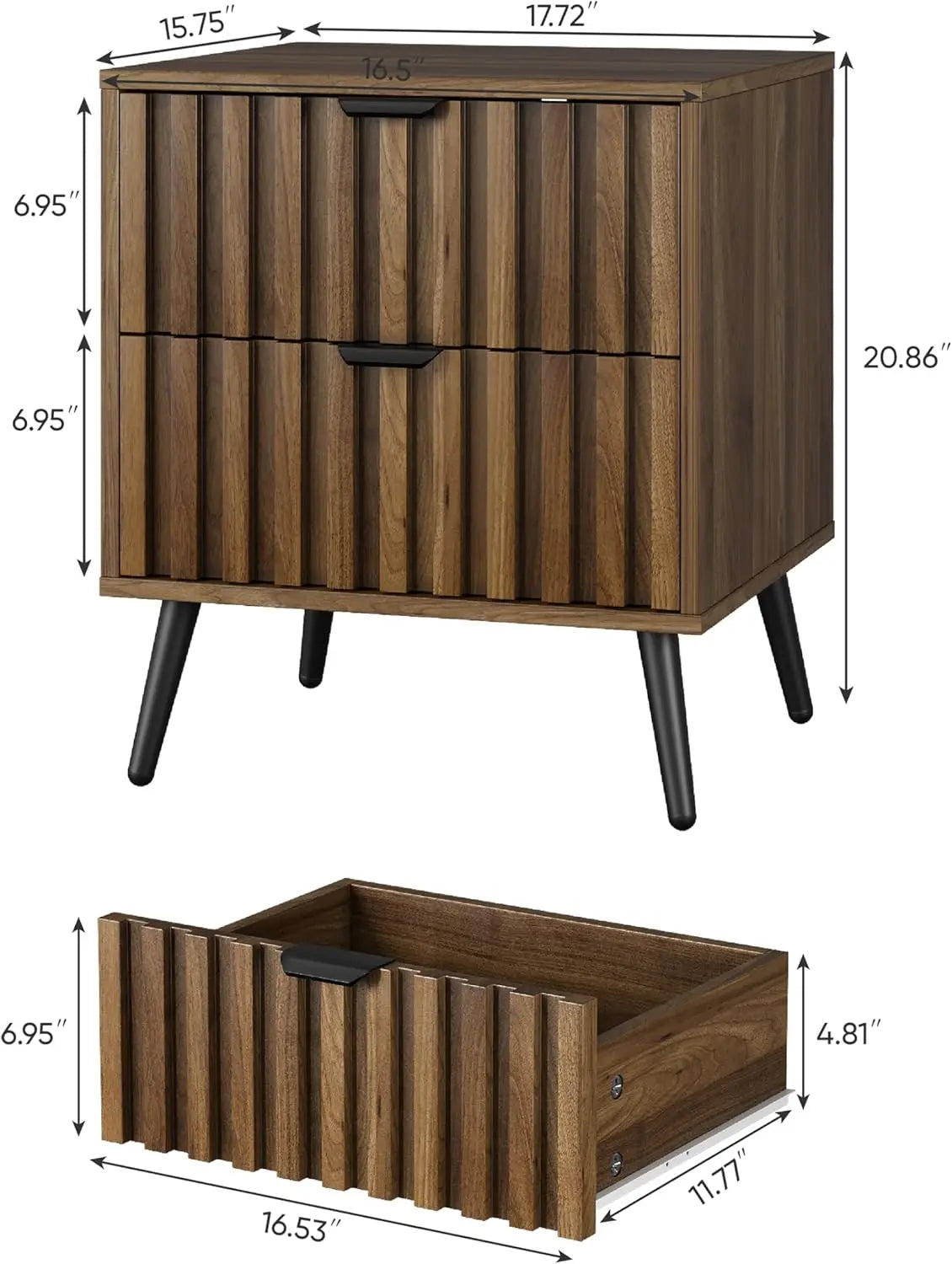Walnut Wooden Night Stand, Mid Century Nightstand with 2 Fluted Drawers, Bedside Table with Metal Feet, Modern End Side Table fo