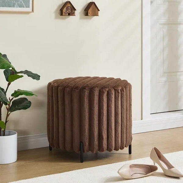 22.05" Wide Upholstered Round Pouf Ottoman with Black Metal Legs in Brown
