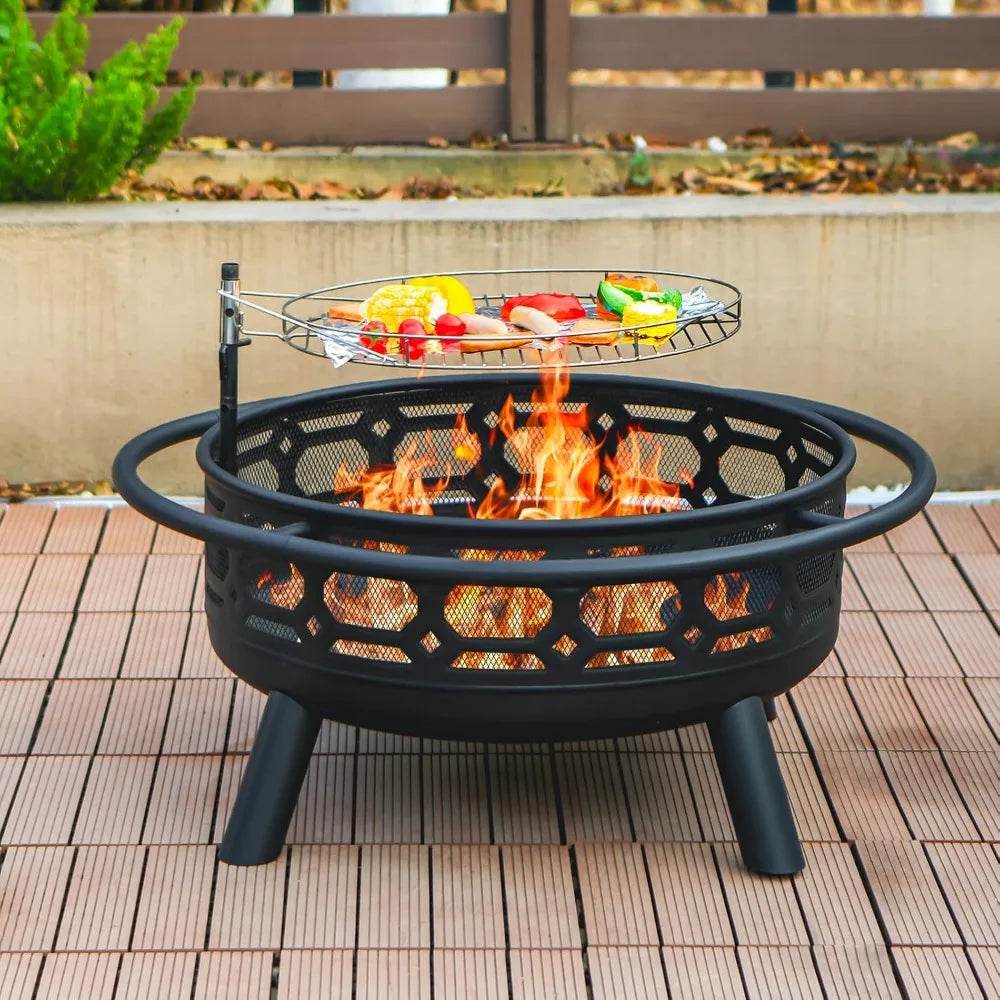 Outdoor Wood Burning Firepit with Removable Grill & Poker, Heavy Duty Metal Round Fireplace,2 in 1 Large Round Fireplace - Loft&Timber