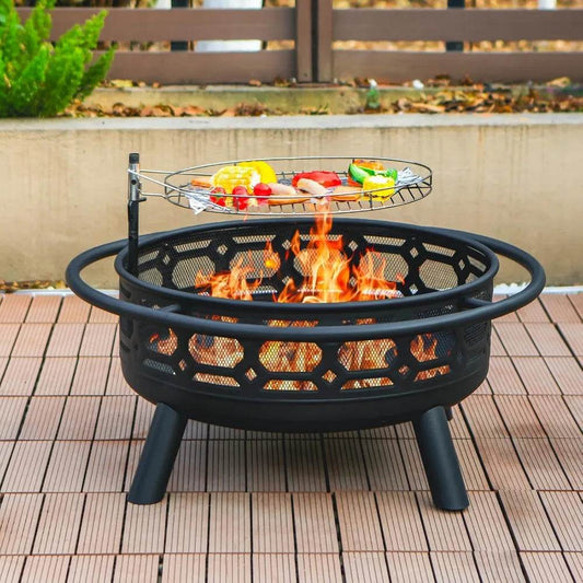 Outdoor Wood Burning Firepit with Removable Grill & Poker, Heavy Duty Metal Round Fireplace,2 in 1 Large Round Fireplace - Loft&Timber