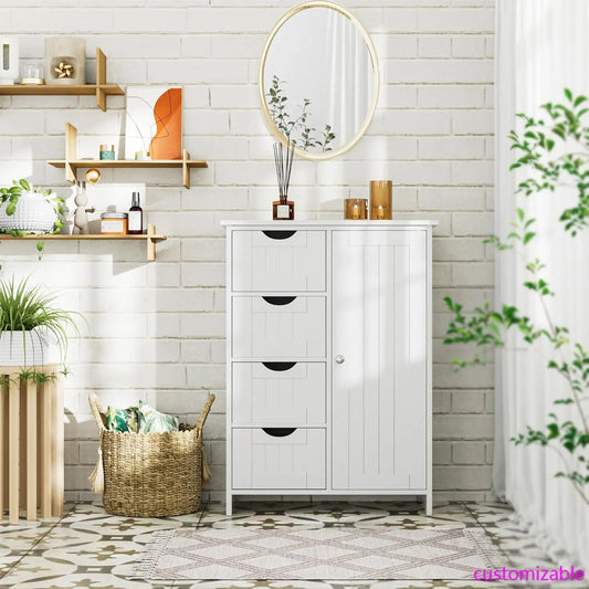 Bathroom Storage Cabinet, Floor Cabinet with 4 Drawers and 1 Adjustable Shelf (White)
