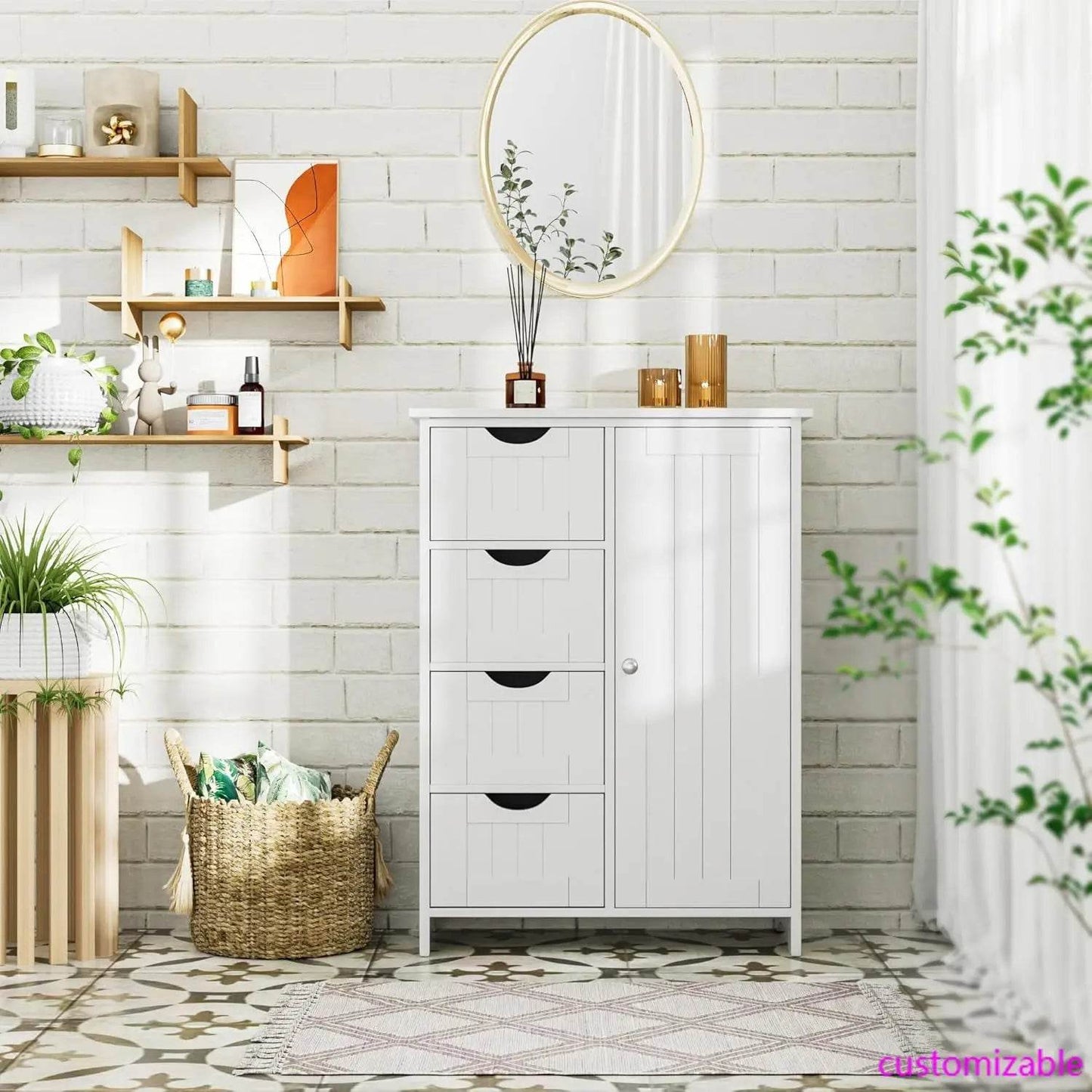 Bathroom Storage Cabinet, Floor Cabinet with 4 Drawers and 1 Adjustable Shelf (White) - Loft&Timber