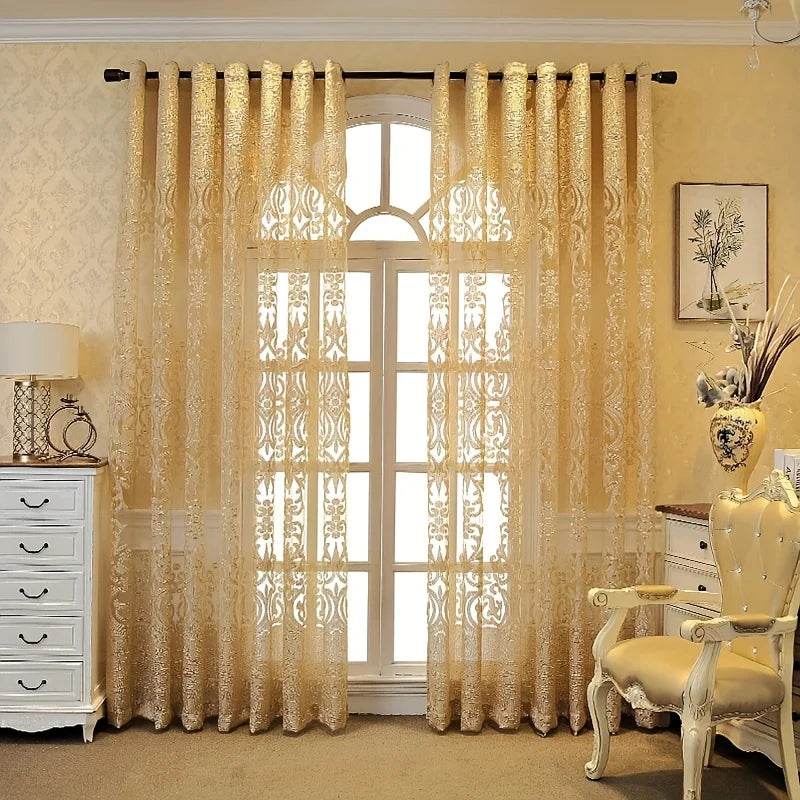 2pcs Luxury European Style Embroidered Curtain, Hollow Lace in Golden - Loft&Timber