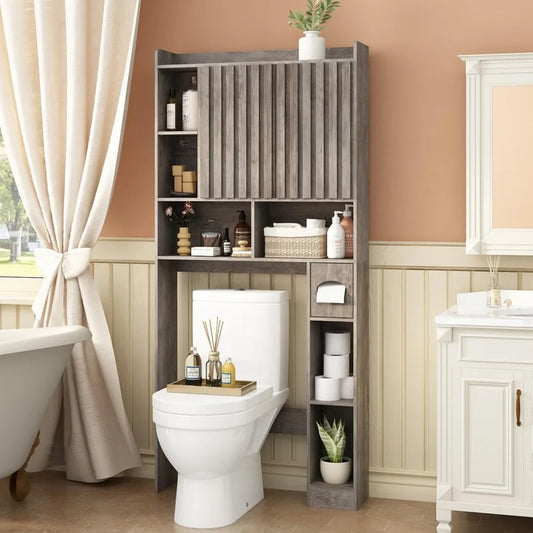 elegant toilet-mounted storage cabinet with fluted doors, adjustable shelf, and tissue holder