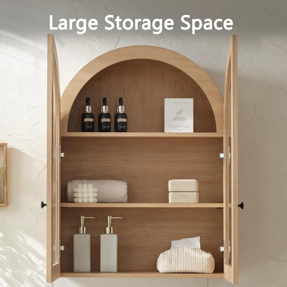 Arched wall-mounted bathroom cabinet with glass doors, 23.5" x 31.4" over-the-toilet storage