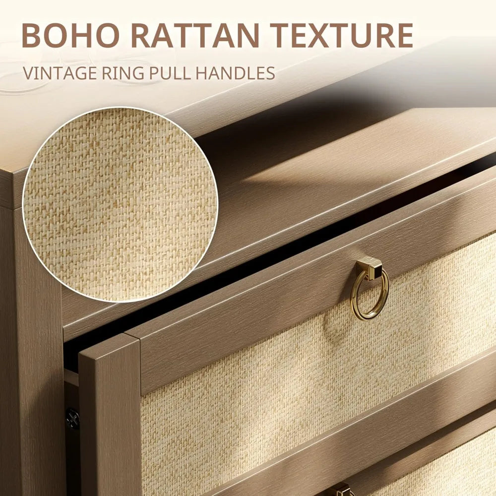 23.6" Rattan Night Stand Set of 2, Boho Nightstands with Charging Station, 2 Drawers and Strage Shelf, Large Night Stand