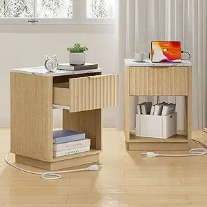 Fluted Nightstand Set of 2 with Charging Station, 18" Bedside Table End Table with Drawer & Open Shelf, Mid Century Modern Night