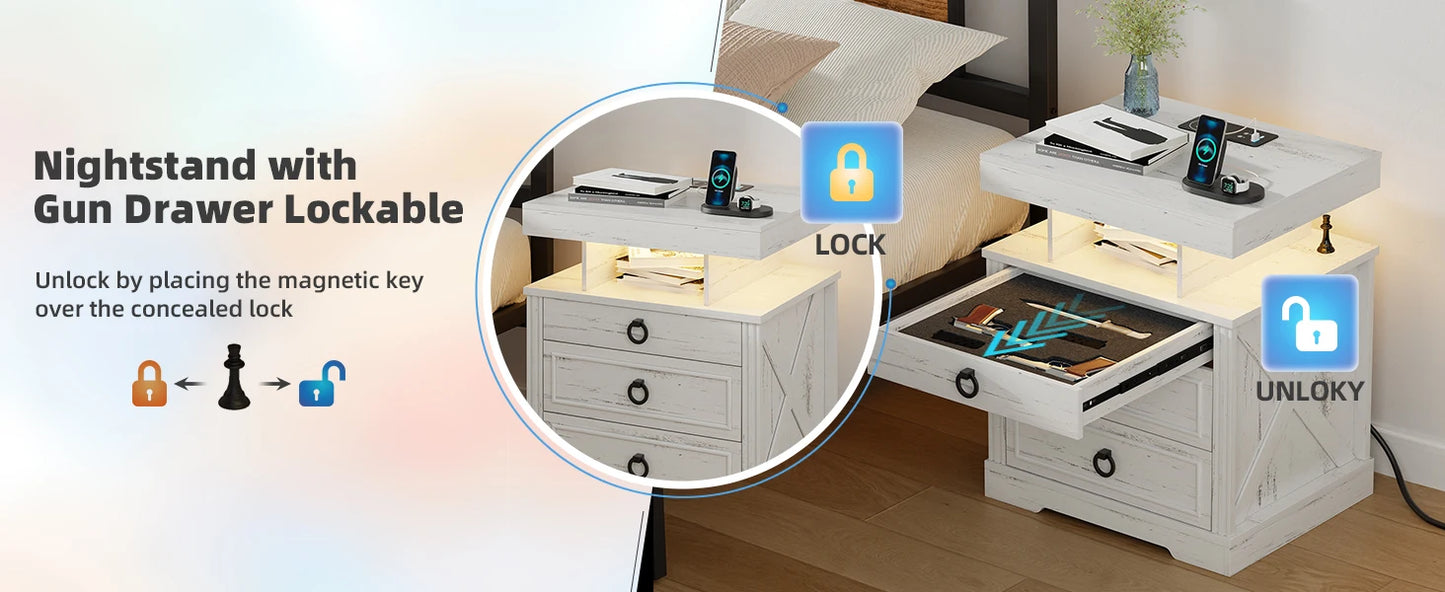 JDPAG Farmhouse Nightstand with Lockable Gun Drawer,3 Color Dimmable LED End Table with Charging Station,Bedside Table with Huma