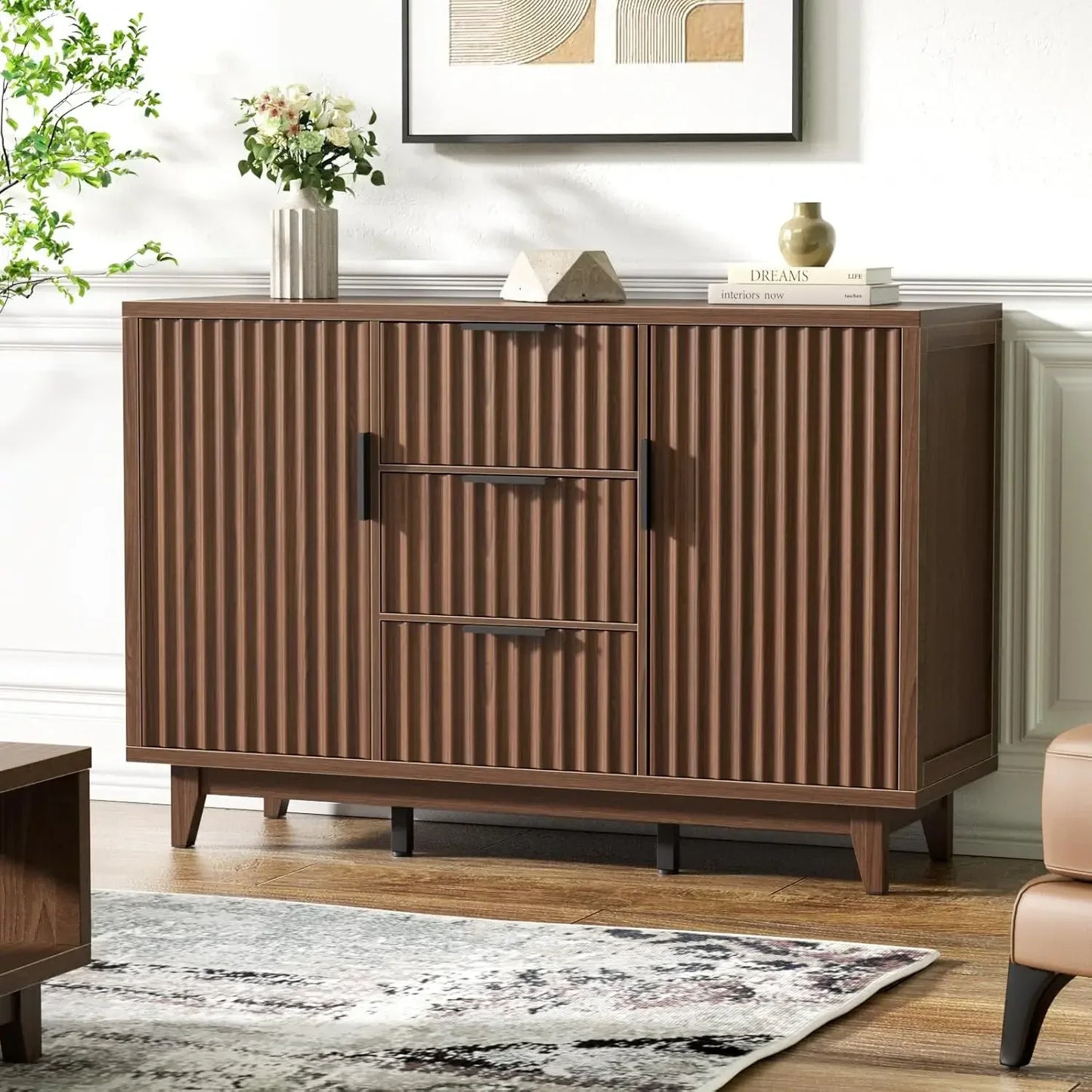 47.2" Large Fluted Buffet Storage Cabinet with 3 Drawers - Loft&Timber